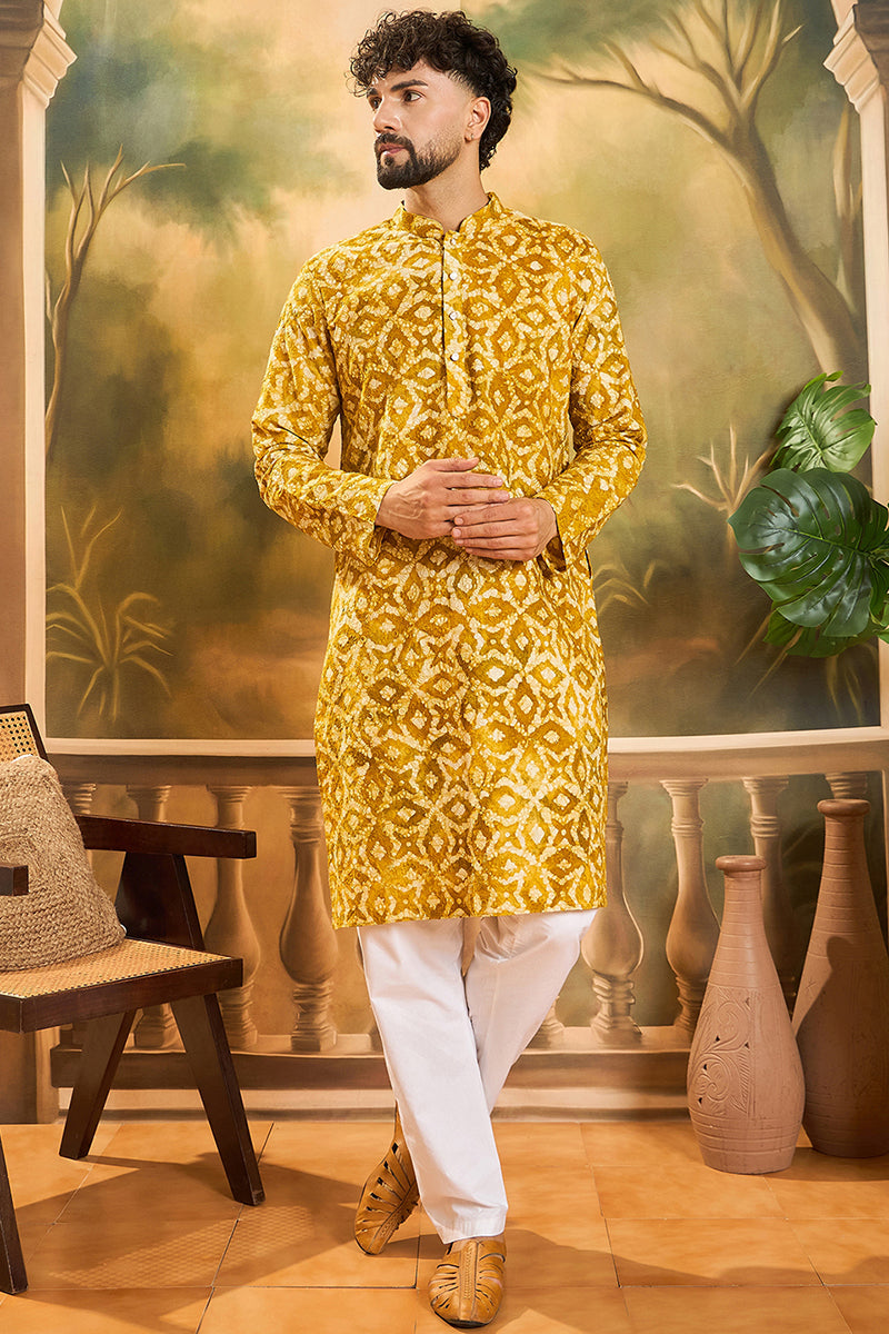Yellow Cotton Shibori Embroidered Straight Kurta MKU1462