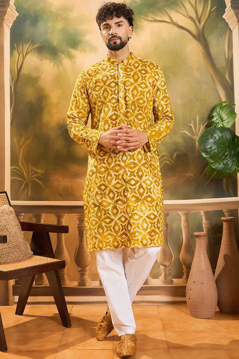 Yellow Cotton Shibori Embroidered Straight Kurta MKU1462