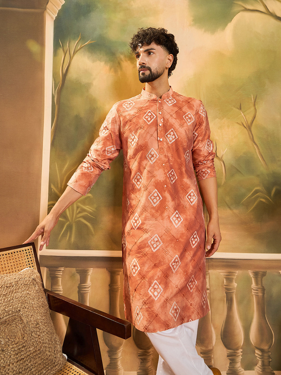Ethnic Bay Men Orange Silk Blend Batik Embroidered Straight Kurta with Trouser-MKSET1463