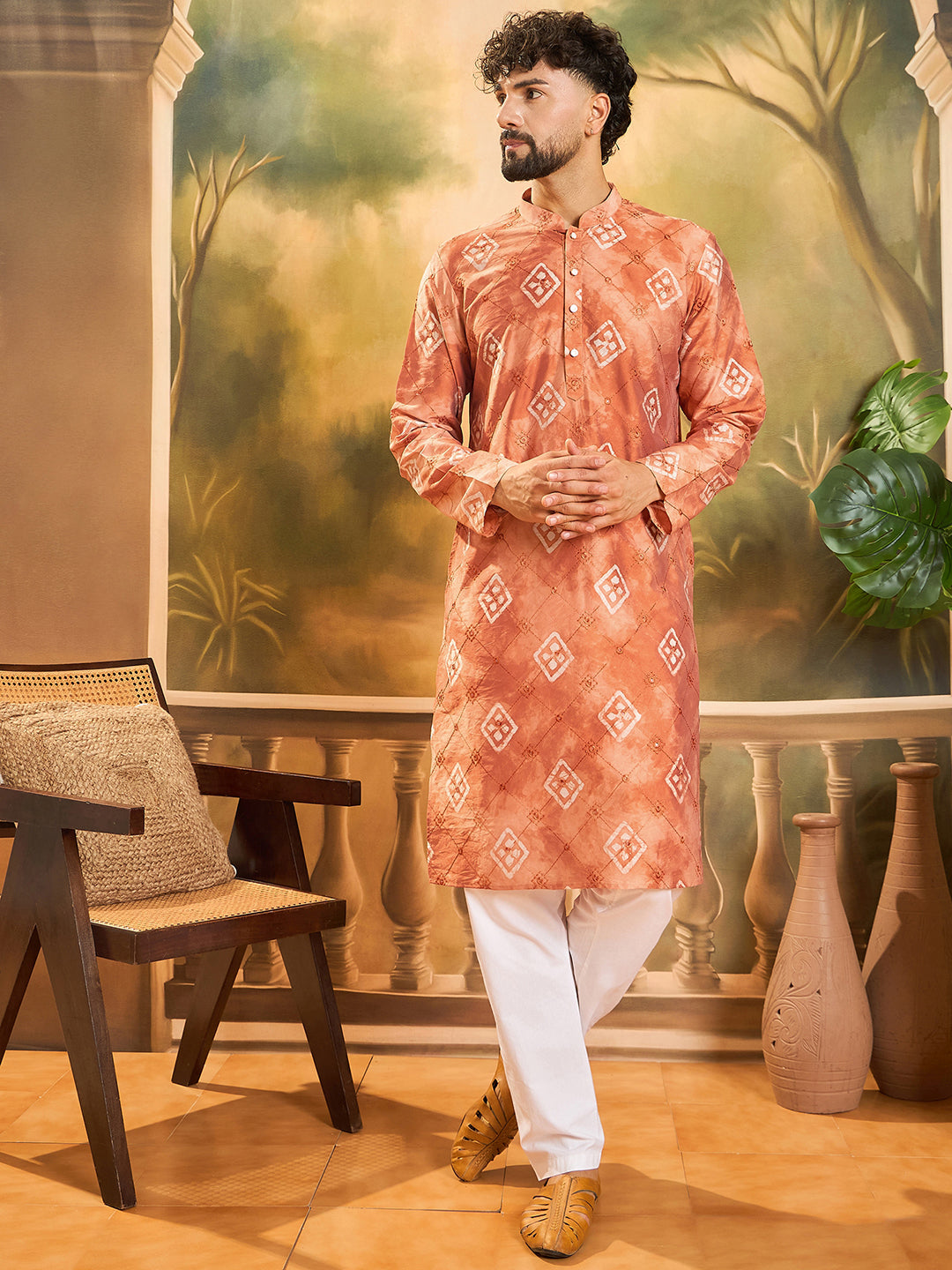Ethnic Bay Men Orange Silk Blend Batik Embroidered Straight Kurta with Trouser-MKSET1463