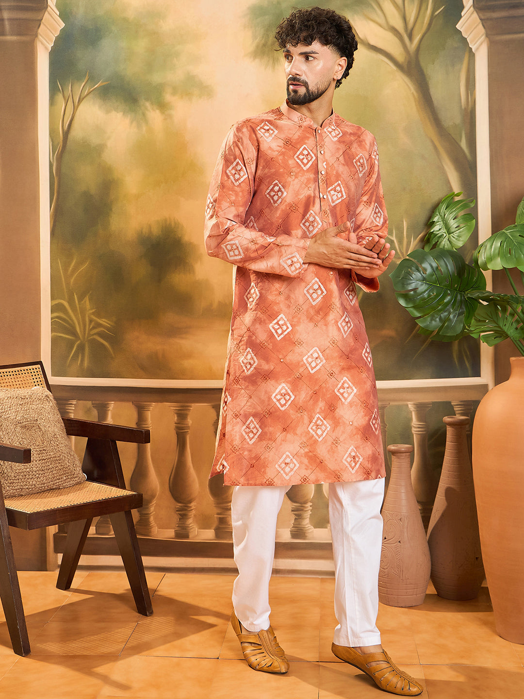 Ethnic Bay Men Orange Silk Blend Batik Embroidered Straight Kurta with Trouser-MKSET1463