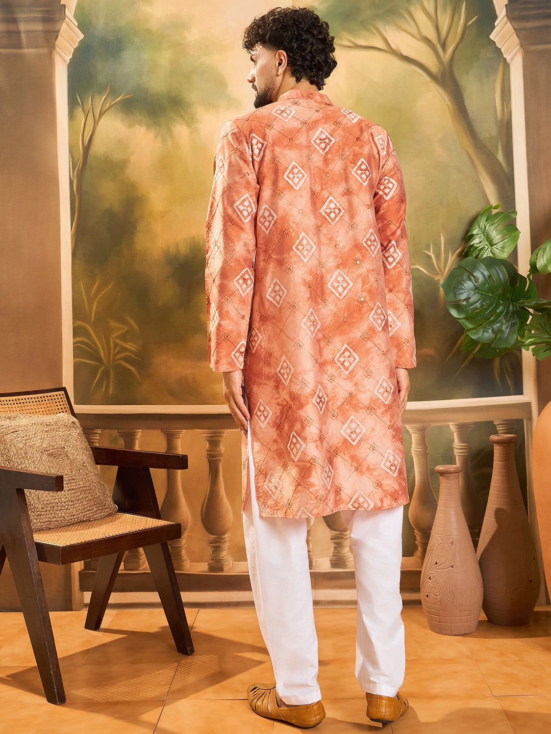 Ethnic Bay Men Orange Silk Blend Batik Embroidered Straight Kurta with Trouser-MKSET1463