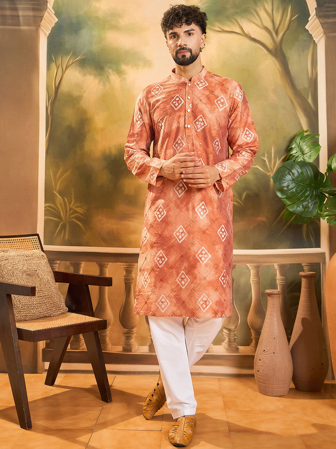 Ethnic Bay Men Orange Silk Blend Batik Embroidered Straight Kurta with Trouser-MKSET1463