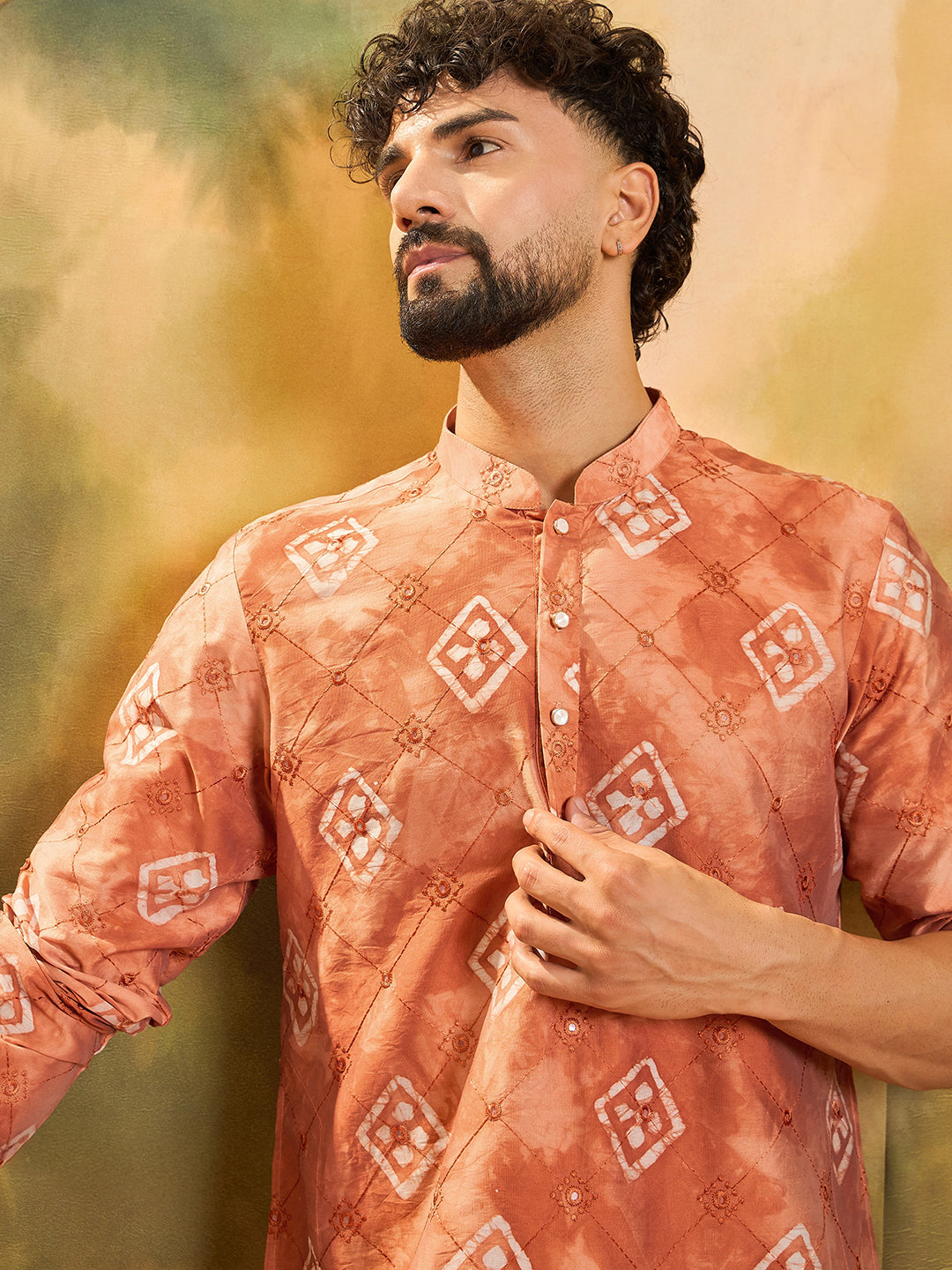 Ethnic Bay Men Orange Silk Blend Batik Embroidered Straight Kurta with Trouser-MKSET1463