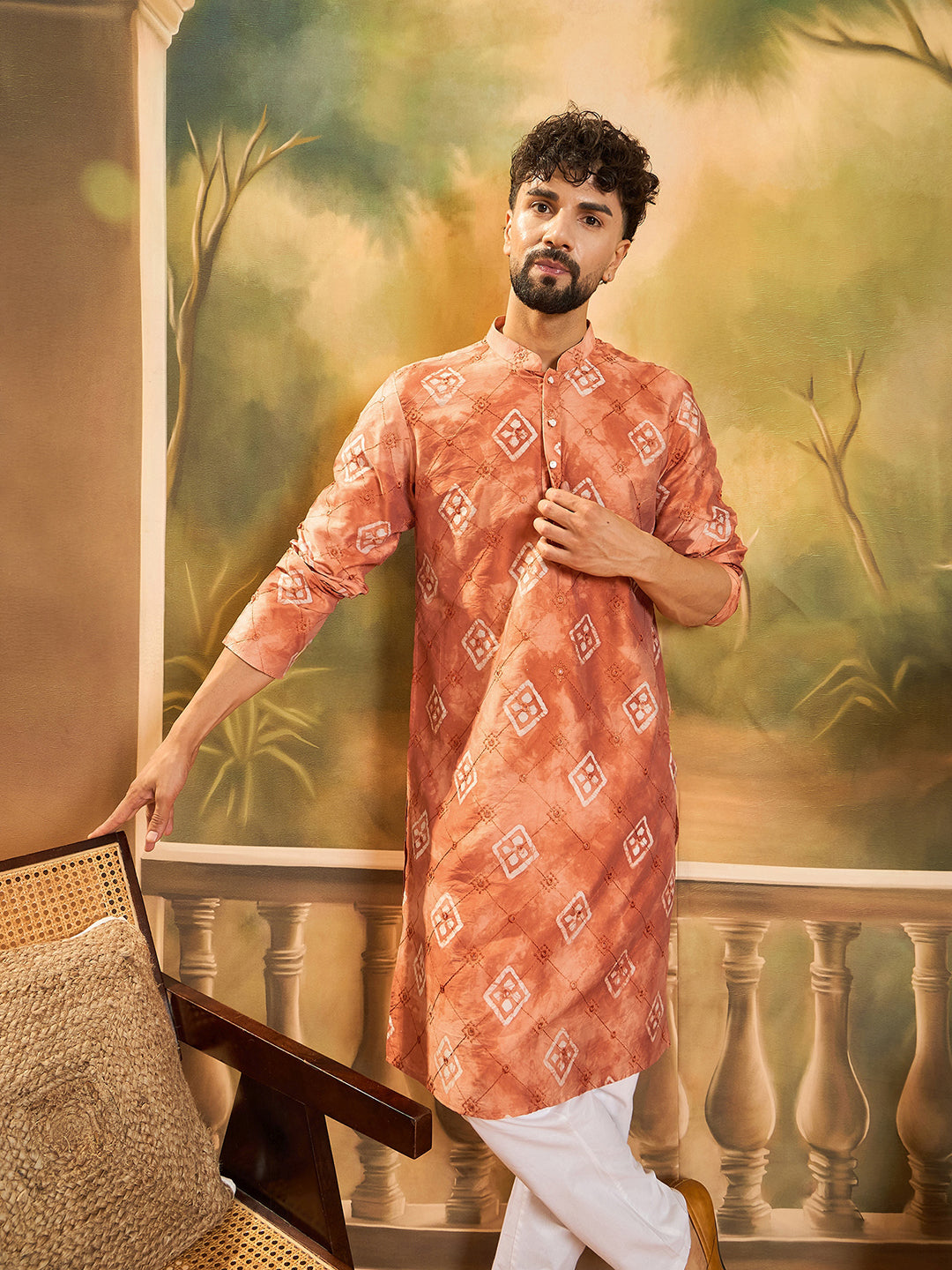 Ethnic Bay Men Orange Silk Blend Batik Embroidered Straight Kurta with Trouser-MKSET1463