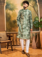 Ethnic Bay Men Green Silk Blend Batik Embroidered Straight Kurta with Trouser-MKSET1464