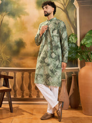 Ethnic Bay Men Green Silk Blend Batik Embroidered Straight Kurta with Trouser-MKSET1464