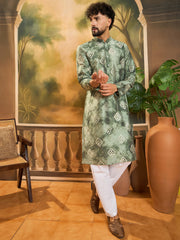 Ethnic Bay Men Green Silk Blend Batik Embroidered Straight Kurta with Trouser-MKSET1464