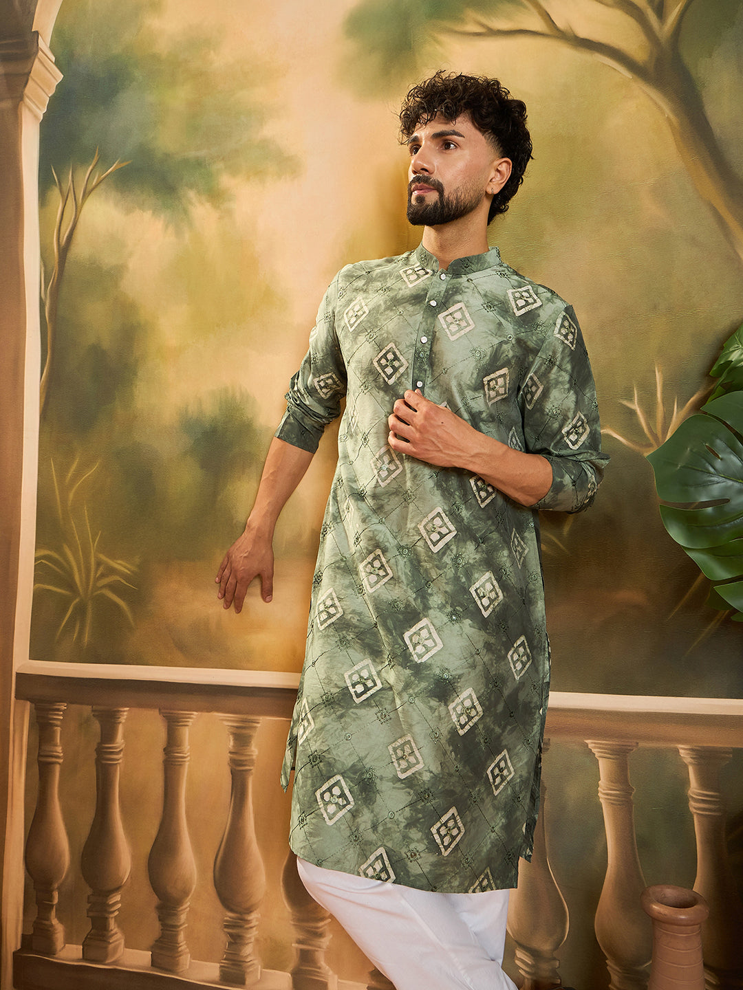 Ethnic Bay Men Green Silk Blend Batik Embroidered Straight Kurta with Trouser-MKSET1464