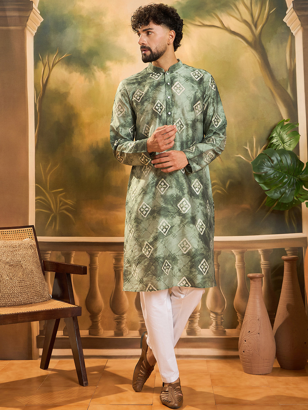 Ethnic Bay Men Green Silk Blend Batik Embroidered Straight Kurta with Trouser-MKSET1464