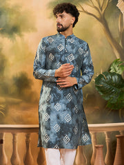 Ethnic Bay Men Blue Silk Blend Batik Embroidered Straight Kurta with Trouser-MKSET1465
