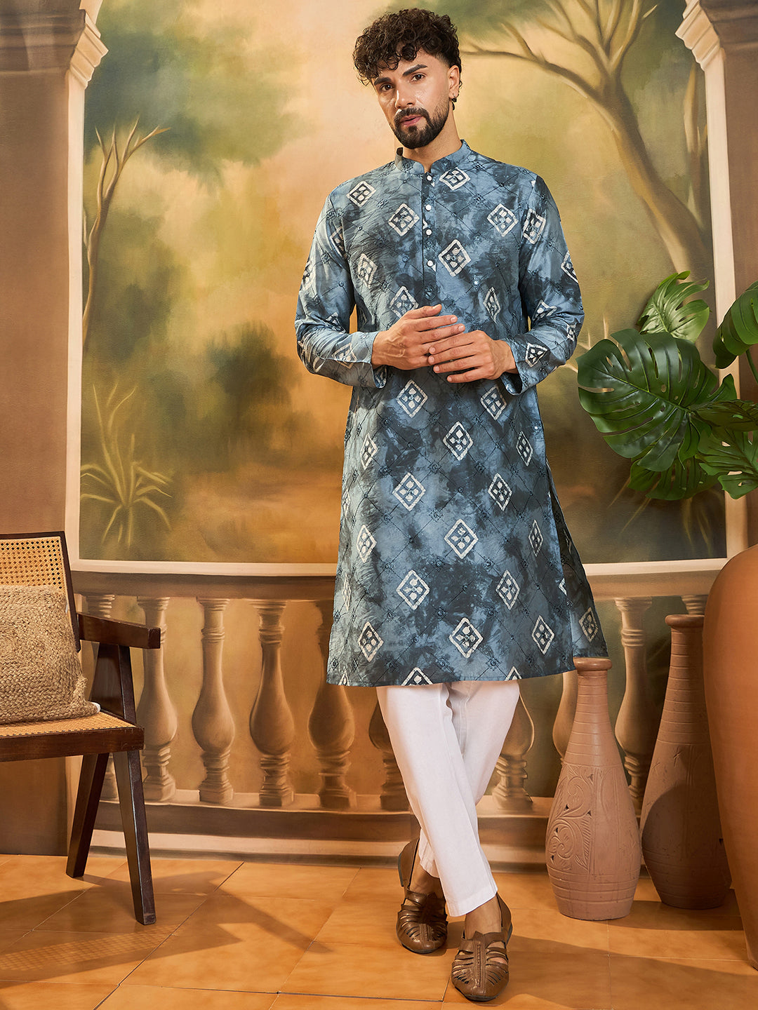 Ethnic Bay Men Blue Silk Blend Batik Embroidered Straight Kurta with Trouser-MKSET1465
