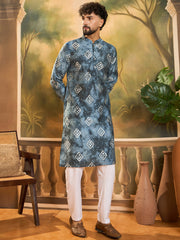 Ethnic Bay Men Blue Silk Blend Batik Embroidered Straight Kurta with Trouser-MKSET1465