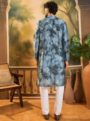 Ethnic Bay Men Blue Silk Blend Batik Embroidered Straight Kurta with Trouser-MKSET1465