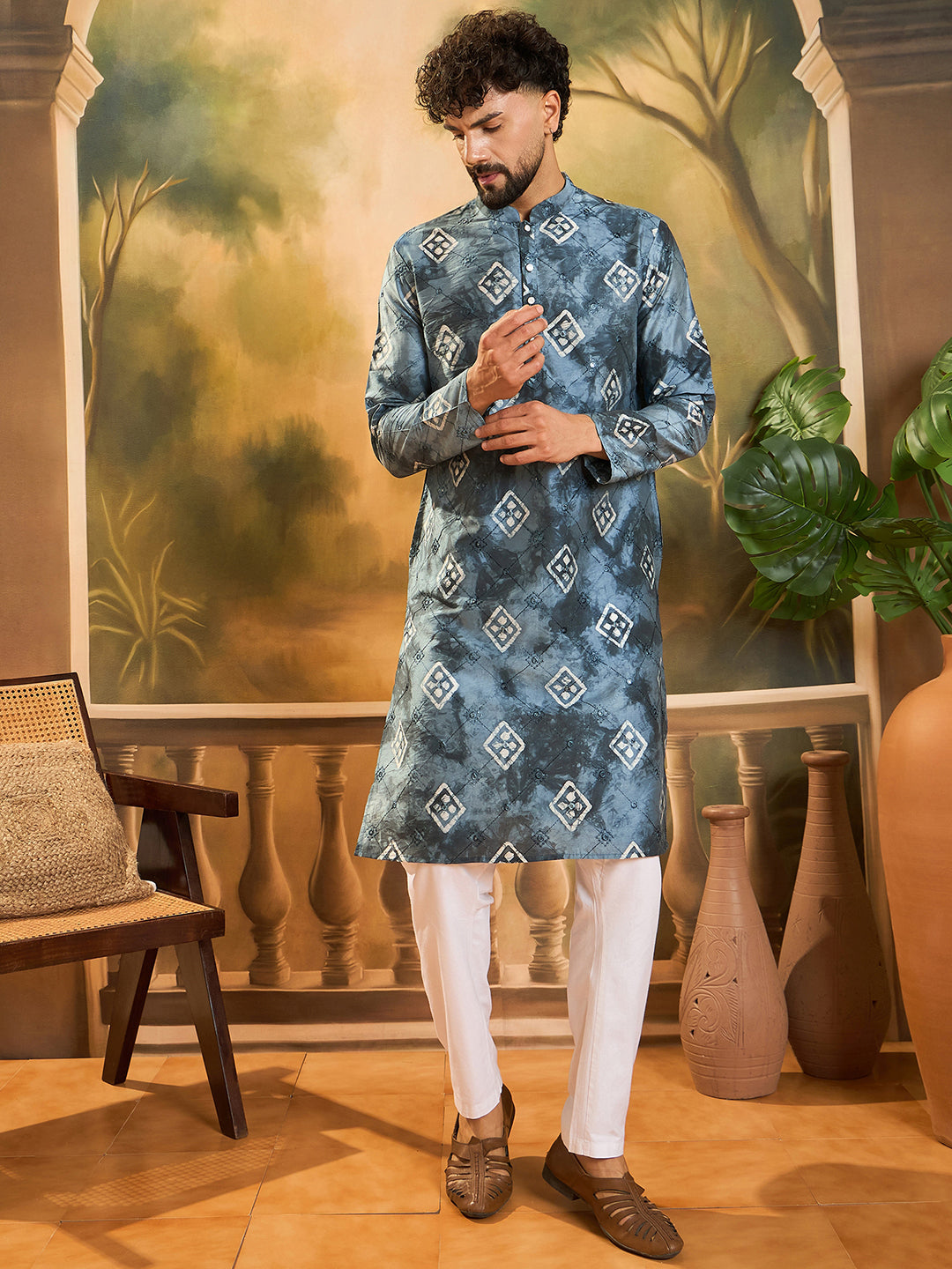 Ethnic Bay Men Blue Silk Blend Batik Embroidered Straight Kurta with Trouser-MKSET1465