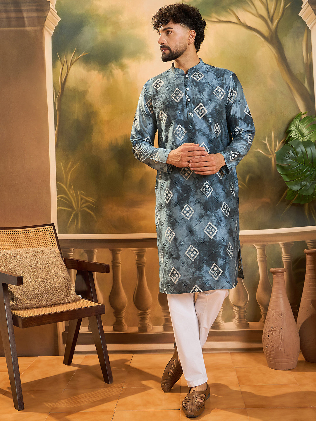 Ethnic Bay Men Blue Silk Blend Batik Embroidered Straight Kurta with Trouser-MKSET1465