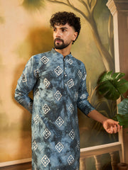 Ethnic Bay Men Blue Silk Blend Batik Embroidered Straight Kurta with Trouser-MKSET1465