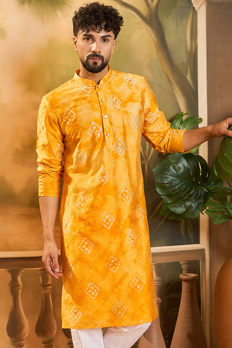 Yellow Silk Blend Batik Embroidered Straight Kurta MKU1466