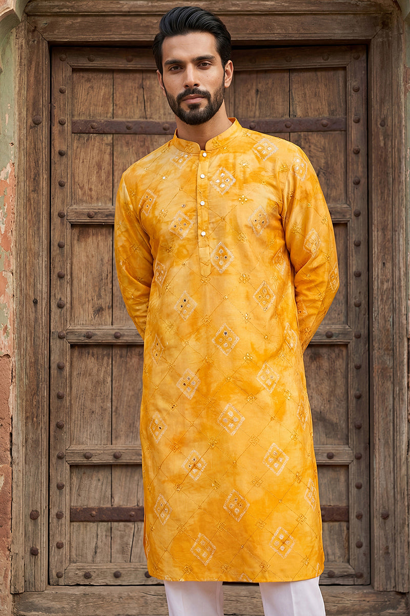 Yellow Silk Blend Batik Embroidered Straight Kurta MKU1466