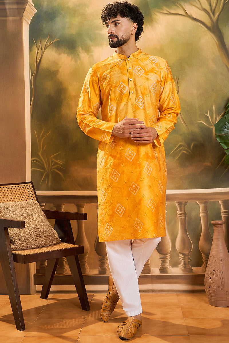 Yellow Silk Blend Batik Embroidered Straight Kurta MKU1466