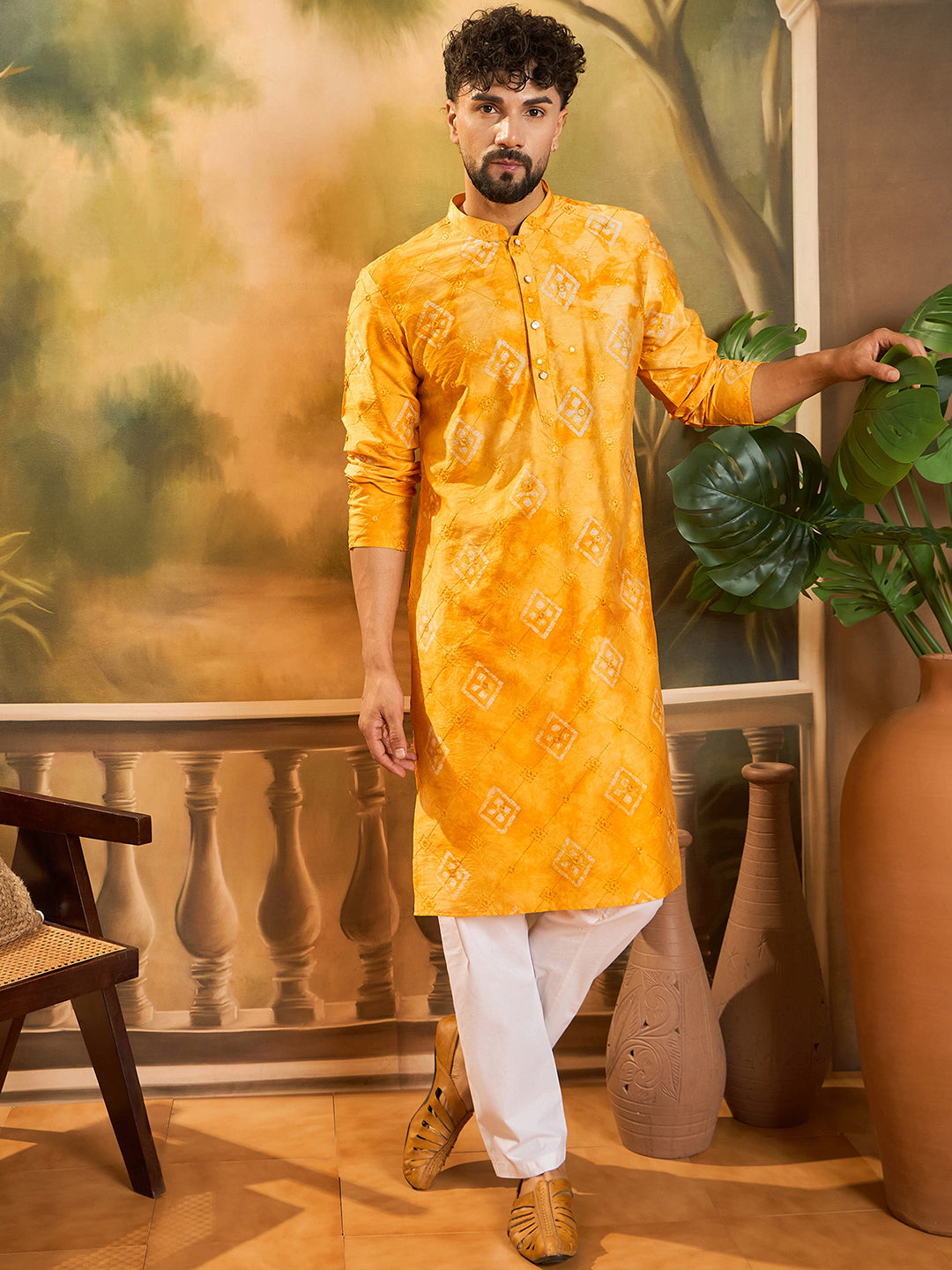 Ethnic Bay Men Orange Silk Blend Batik Embroidered Straight Kurta with Trouser-MKSET1466