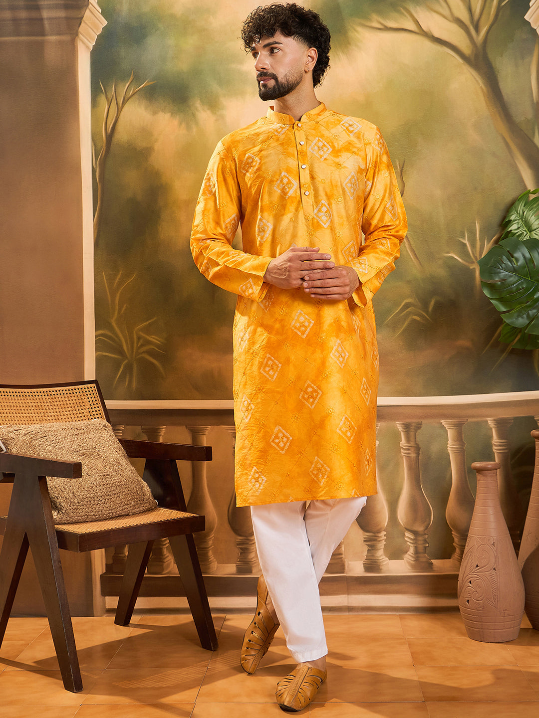 Ethnic Bay Men Orange Silk Blend Batik Embroidered Straight Kurta with Trouser-MKSET1466