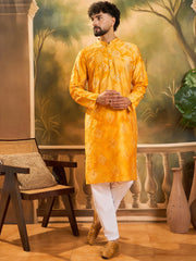 Ethnic Bay Men Orange Silk Blend Batik Embroidered Straight Kurta with Trouser-MKSET1466