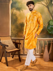 Ethnic Bay Men Orange Silk Blend Batik Embroidered Straight Kurta with Trouser-MKSET1466
