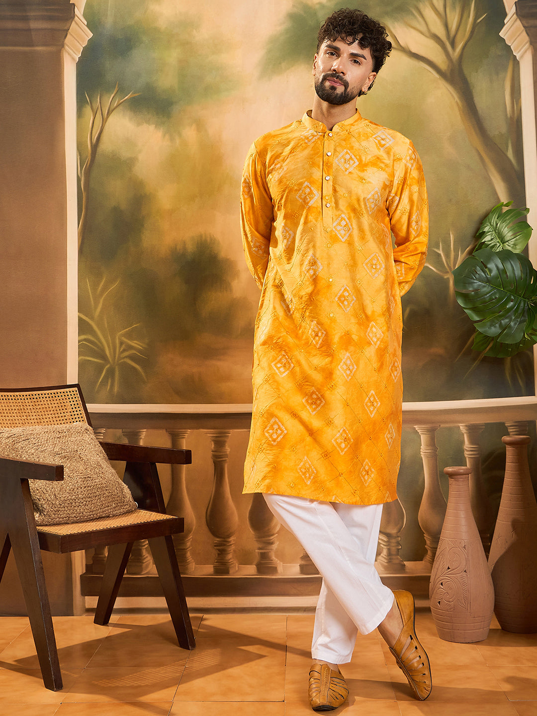 Ethnic Bay Men Orange Silk Blend Batik Embroidered Straight Kurta with Trouser-MKSET1466
