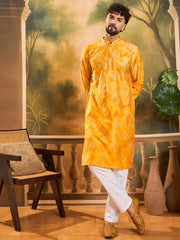 Ethnic Bay Men Orange Silk Blend Batik Embroidered Straight Kurta with Trouser-MKSET1466