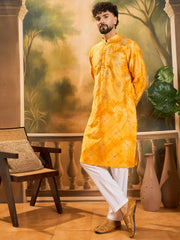 Ethnic Bay Men Orange Silk Blend Batik Embroidered Straight Kurta with Trouser-MKSET1466