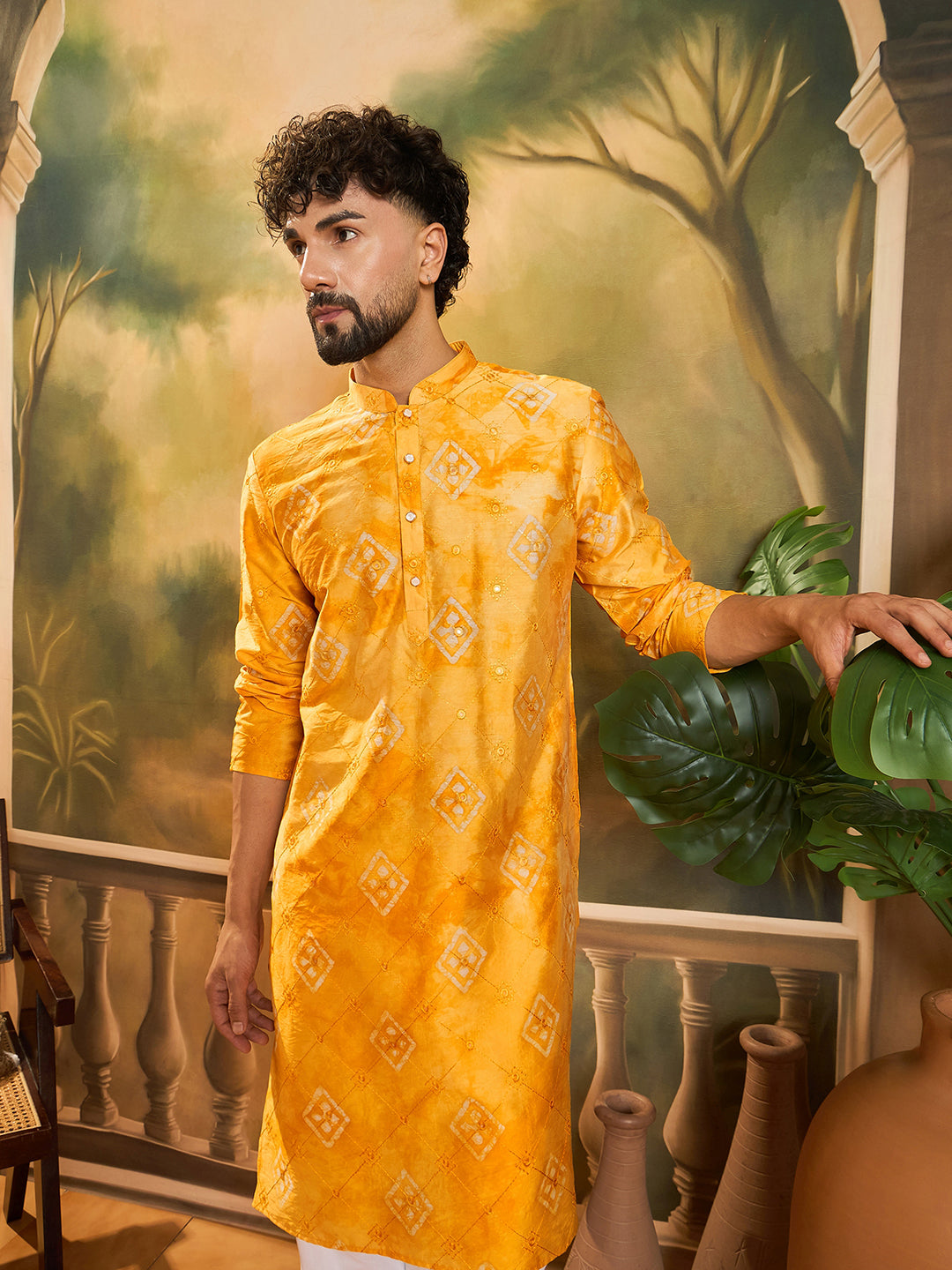 Ethnic Bay Men Orange Silk Blend Batik Embroidered Straight Kurta with Trouser-MKSET1466