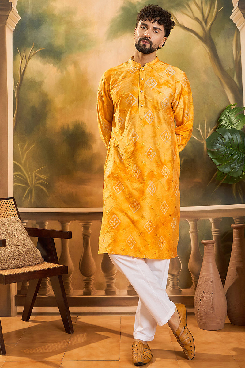 Yellow Silk Blend Batik Embroidered Straight Kurta MKU1466