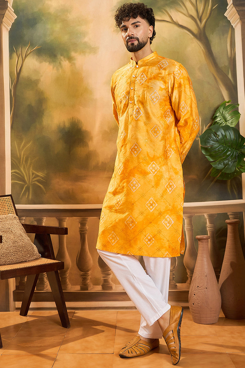 Yellow Silk Blend Batik Embroidered Straight Kurta MKU1466