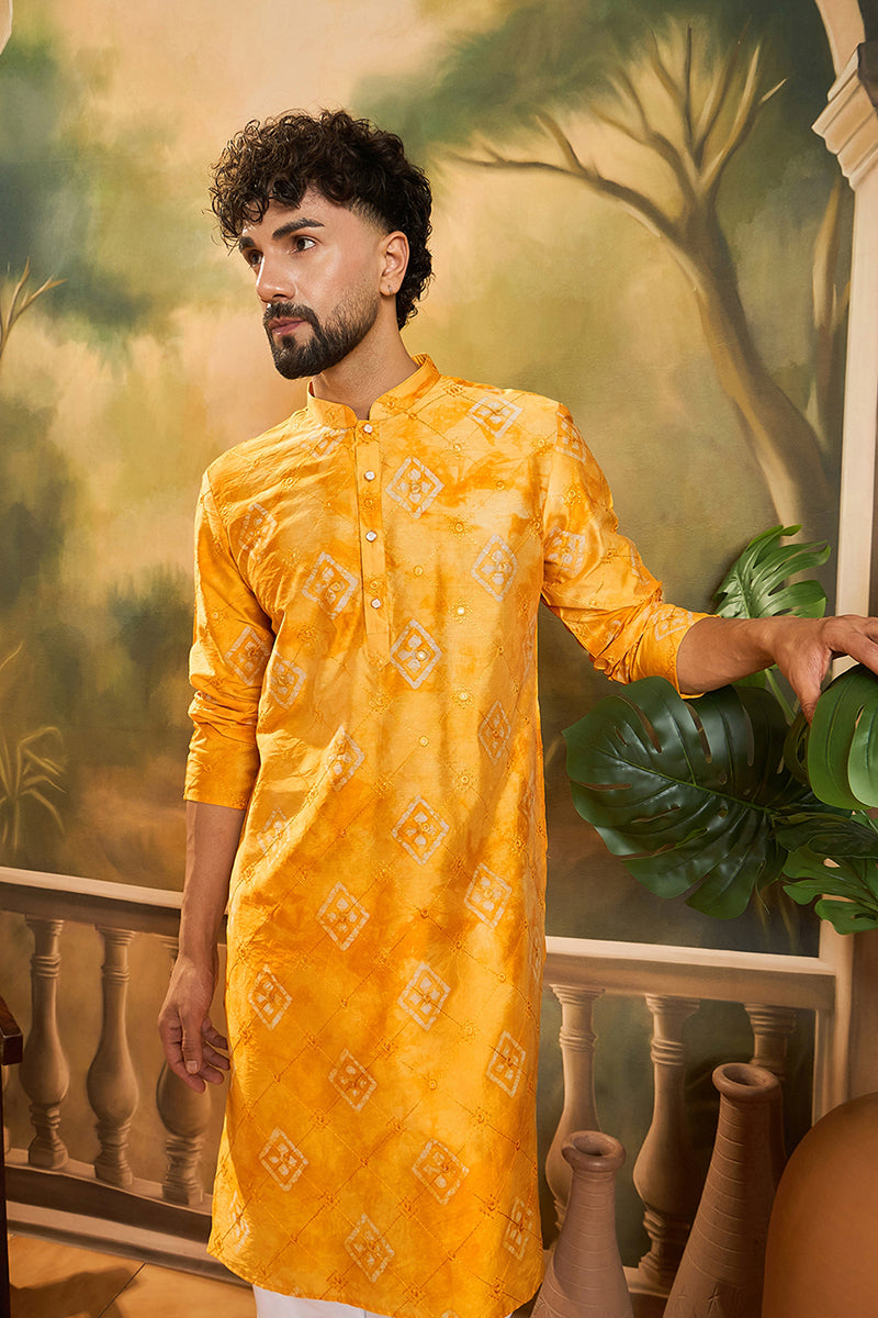 Yellow Silk Blend Batik Embroidered Straight Kurta MKU1466
