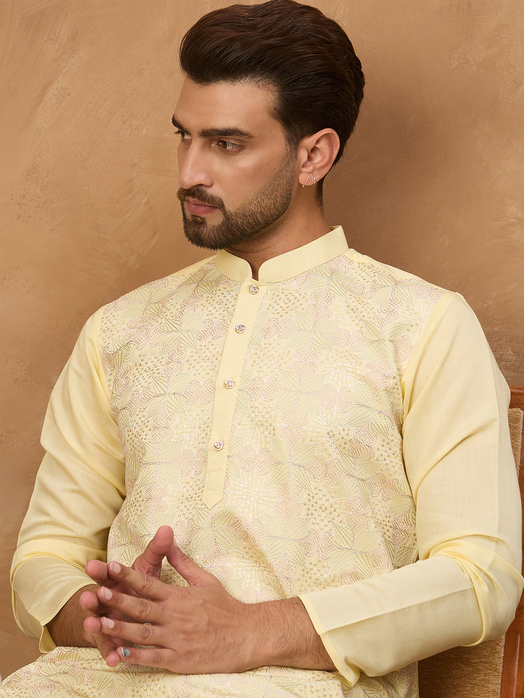 Ethnic Bay Men Yellow Silk Blend Solid Embroidered Straight Kurta-MKU1467