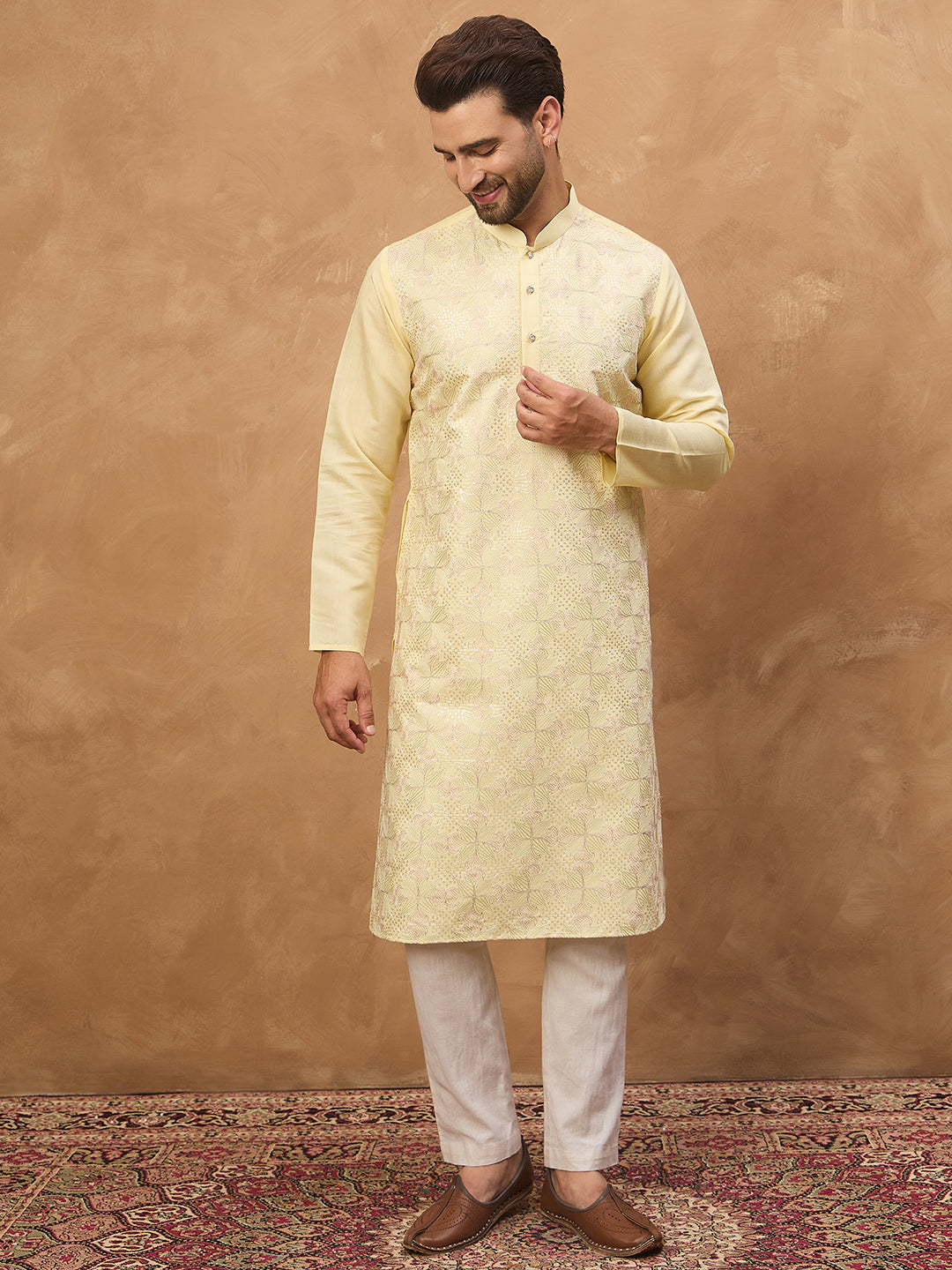 Ethnic Bay Men Yellow Silk Blend Solid Embroidered Straight Kurta-MKU1467