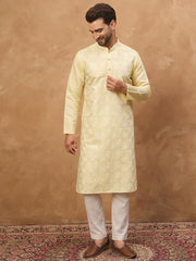 Ethnic Bay Men Yellow Silk Blend Solid Embroidered Straight Kurta-MKU1467