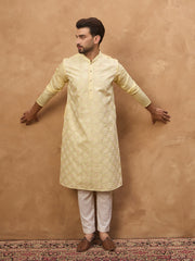Ethnic Bay Men Yellow Silk Blend Solid Embroidered Straight Kurta-MKU1467