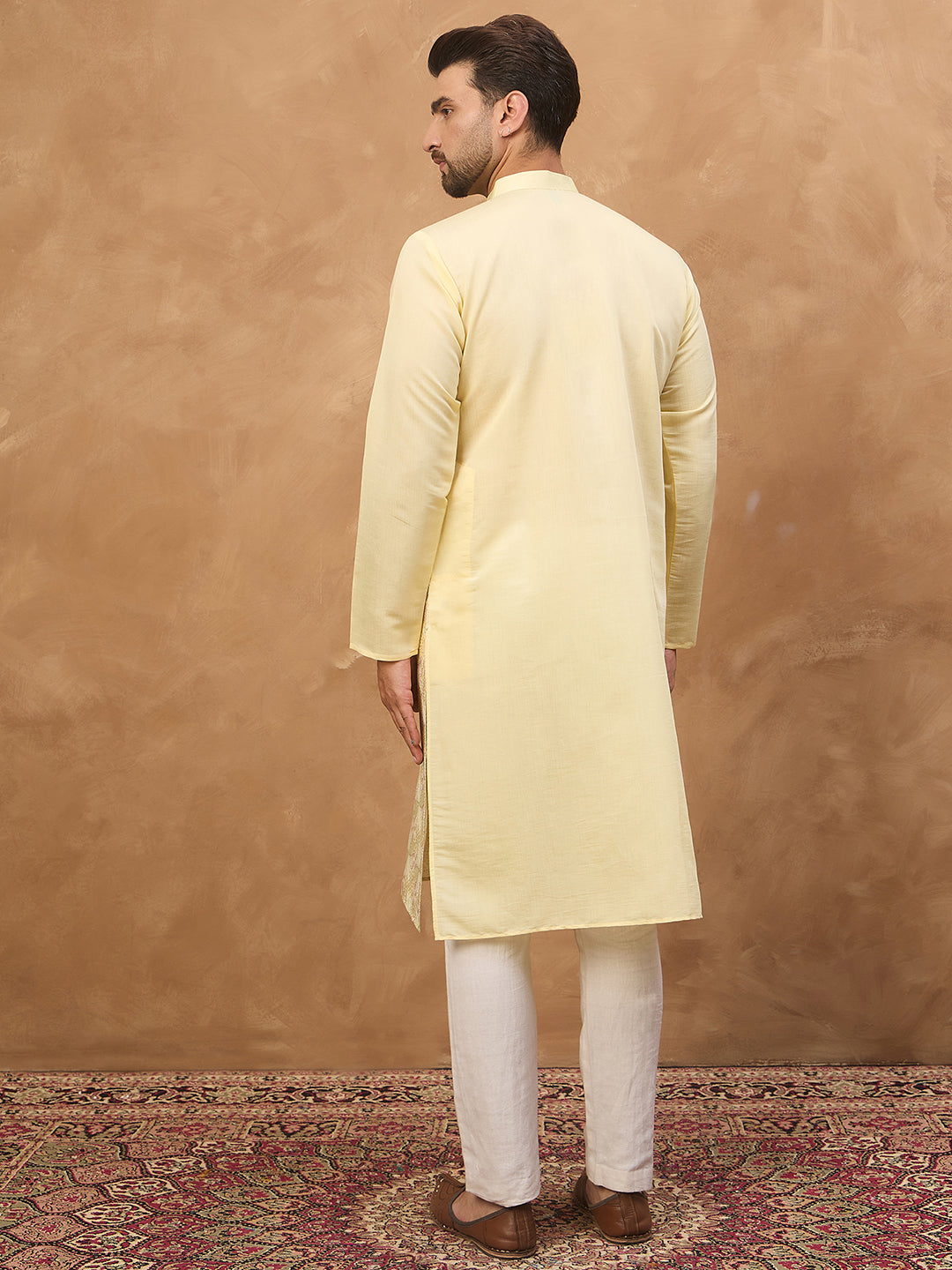 Ethnic Bay Men Yellow Silk Blend Solid Embroidered Straight Kurta-MKU1467