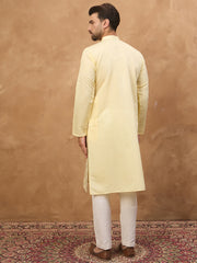 Ethnic Bay Men Yellow Silk Blend Solid Embroidered Straight Kurta-MKU1467