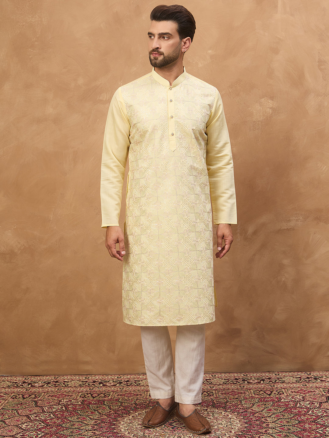 Ethnic Bay Men Yellow Silk Blend Solid Embroidered Straight Kurta-MKU1467