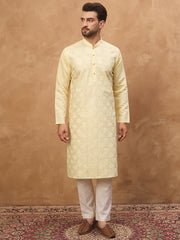 Ethnic Bay Men Yellow Silk Blend Solid Embroidered Straight Kurta-MKU1467
