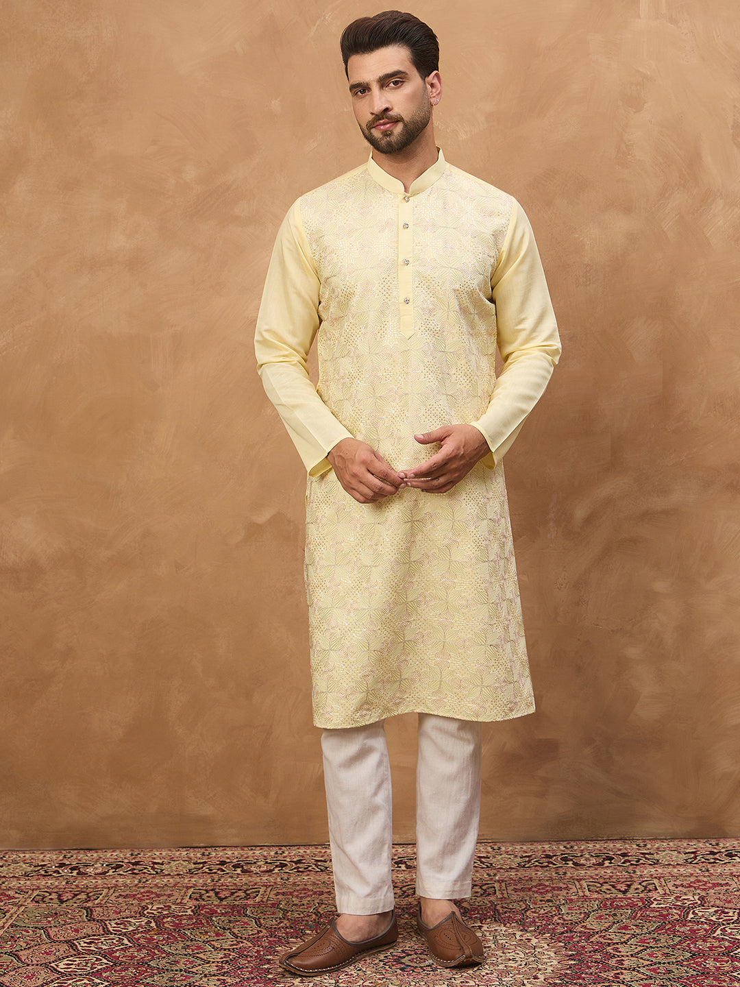 Ethnic Bay Men Yellow Silk Blend Solid Embroidered Straight Kurta-MKU1467