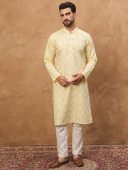 Ethnic Bay Men Yellow Silk Blend Solid Embroidered Straight Kurta-MKU1467