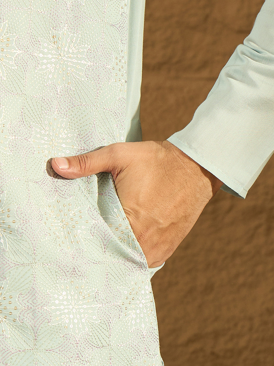 Ethnic Bay Men Blue Silk Blend Solid Embroidered Straight Kurta-MKU1468