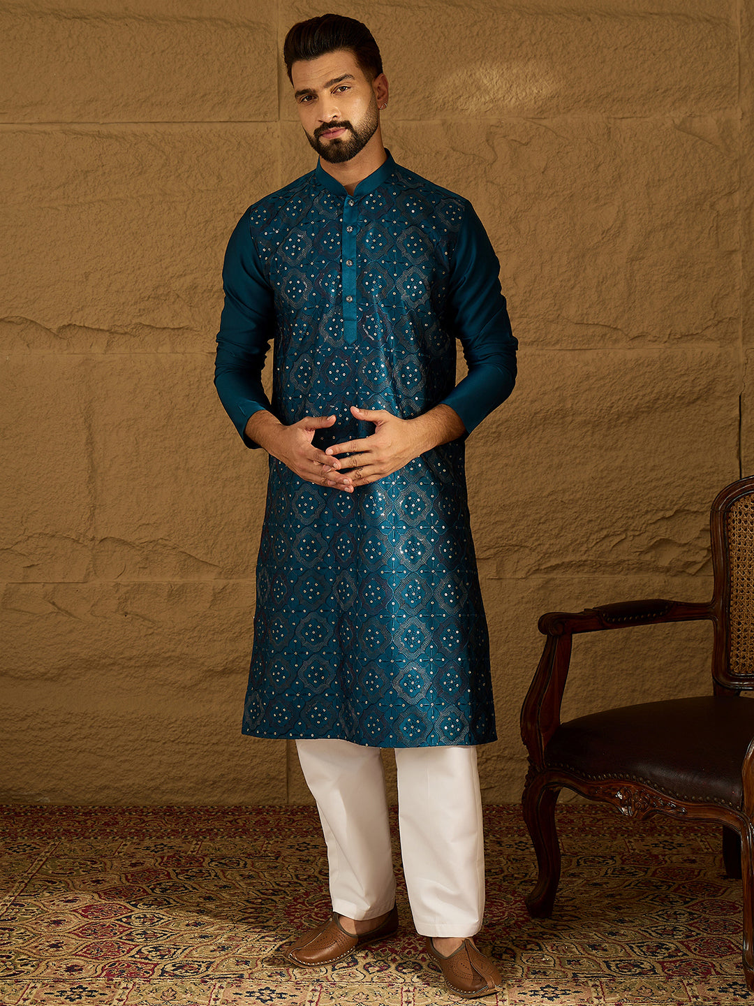 Ethnic Bay Men Blue Silk Blend Solid Embroidered Straight Kurta-MKU1469