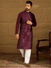 Ethnic Bay Men Purple Silk Blend Solid Embroidered Straight Kurta-MKU1470