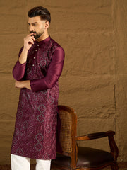 Ethnic Bay Men Purple Silk Blend Solid Embroidered Straight Kurta-MKU1470