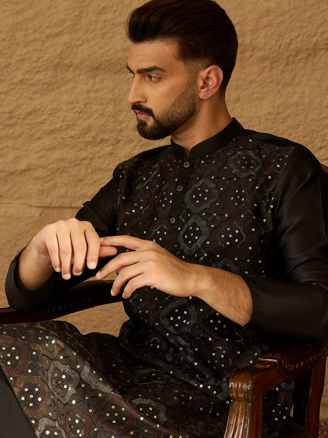 Ethnic Bay Men Black Silk Blend Solid Embroidered Straight Kurta-MKU1471